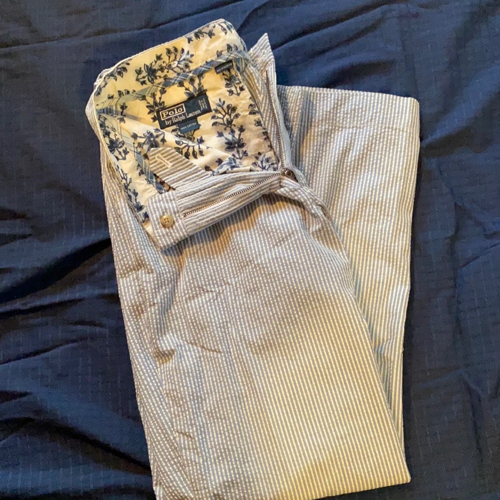 Blue striped seersucker pants